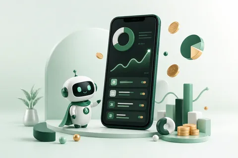 AI finance assistant beside a phone showing savings growth and coins