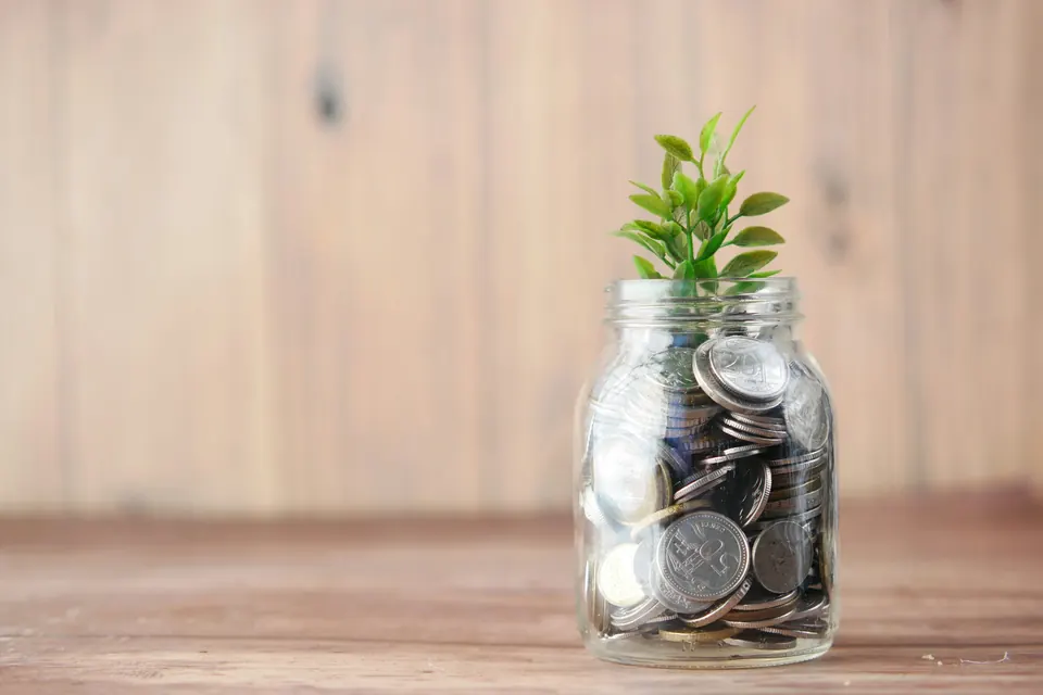 A glass jar of coins with a small plant growing beside it