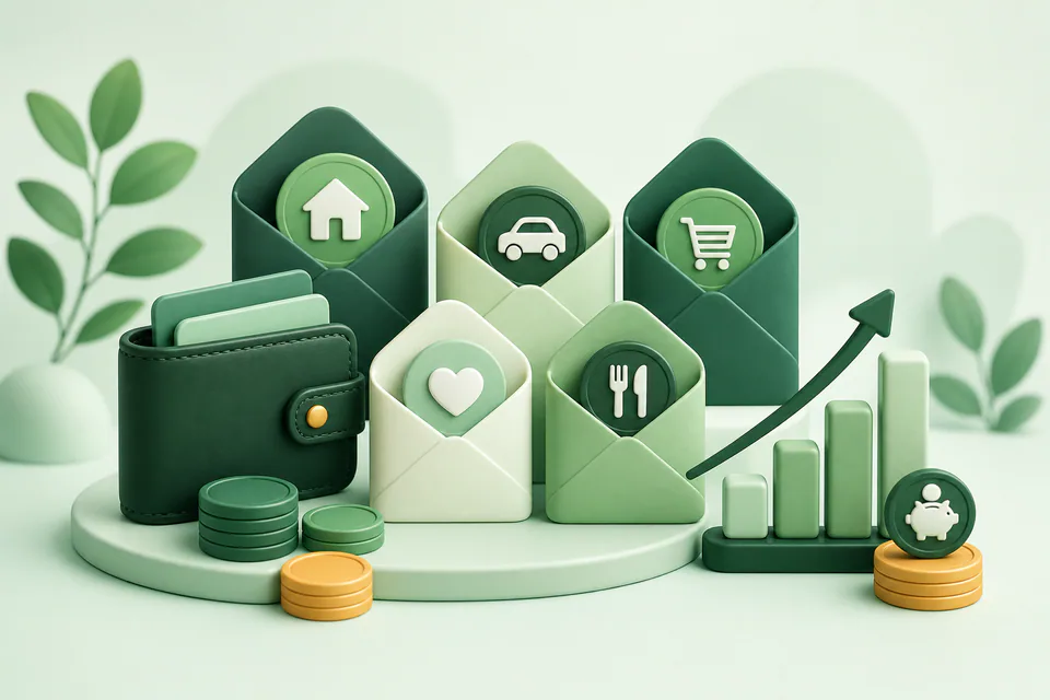Budget categories arranged around a wallet and savings chart